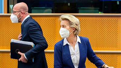 Ursula von der Leyen and Charles Michel arrive for a meeting at the European Parliament on Tuesday