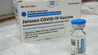 The Johnson & Johnson COVID-19 vaccine sits on a table at a pop up vaccinations site in New York.