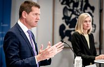 Soeren Brostroem, director of the National Board of Health, left and Tanja Erichsen, from the Danish Medicines Agency take part in a press briefing 