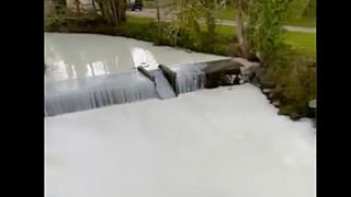 River Dulais in Carmarthenshire, Wales, turned white on April 14, 2021, after a mil tanker overturned into it.
