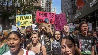 FILE - In this Sept. 20, 2019 file photo, climate change activists participate in an environmental demonstration as part of a global youth-led day of action in New York, USA