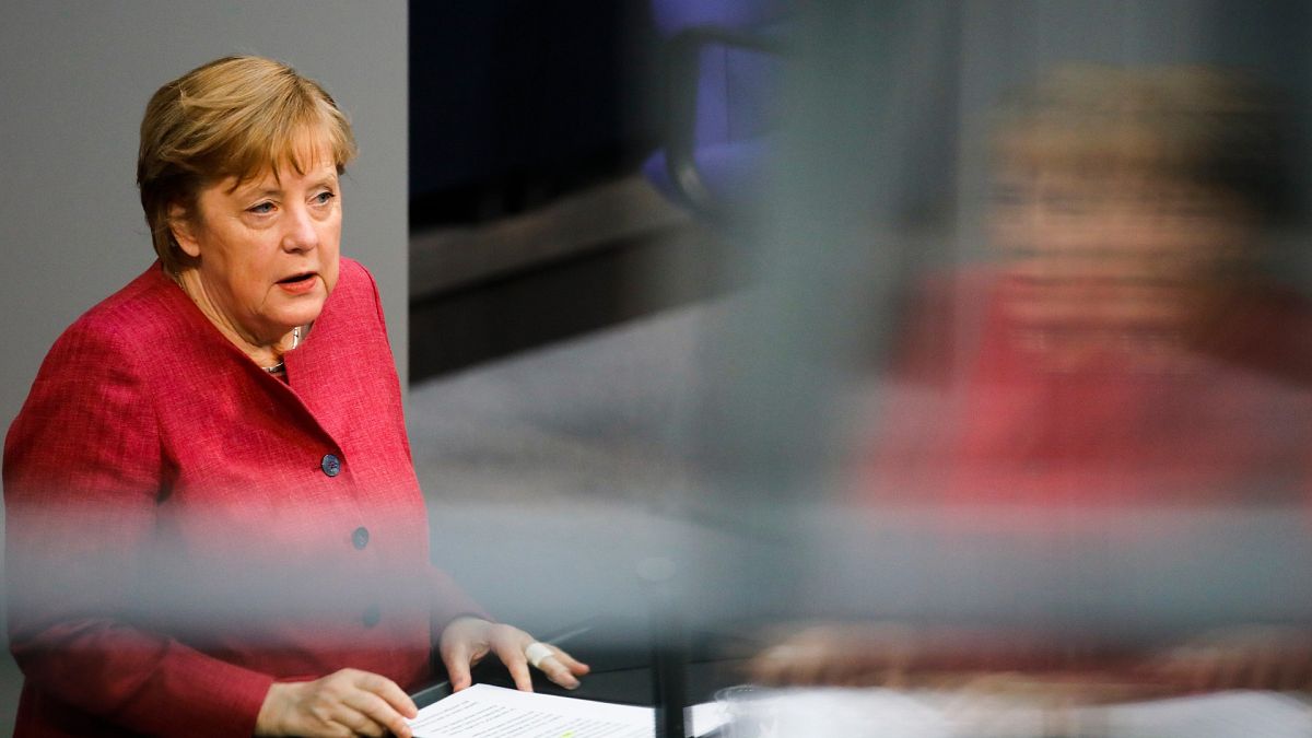 German Chancellor Angela Merkel delivers a speech in the Bundestag in Berlin, Germany, April 16, 2021.