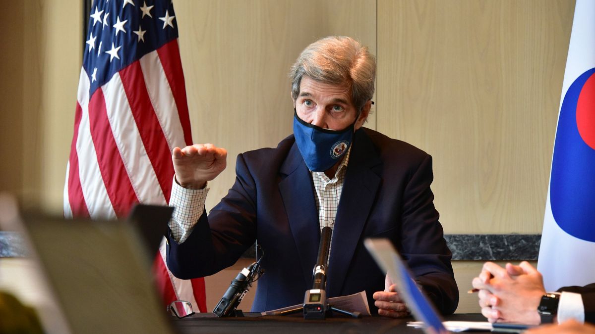 U.S. special envoy for climate John Kerry in Seoul, South Korea, Sunday, April 18, 2021. 