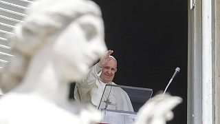 Pope Francis delivers his blessing to crowds St. Peter's Square at the Vatican on Sunday, April 18, 2021