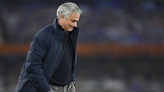 Tottenham's manager Jose Mourinho walks on the pitch at the end of the English Premier League soccer match between Everton and Tottenham Hotspur at Goodison Park in Liverpool.