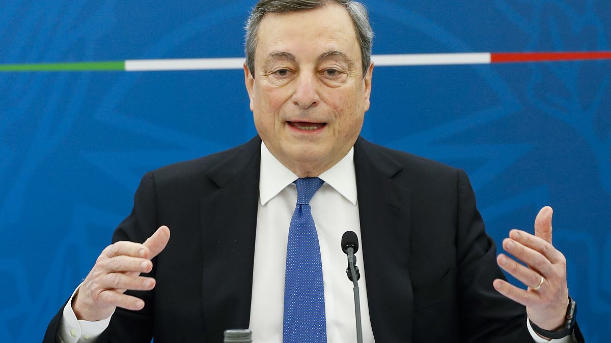 Italian Premier Mario Draghi addresses the media during a news conference, in Rome, April 16, 2021. 