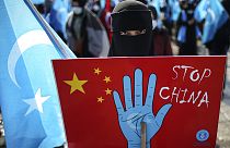 Çin'in Doğu Türkistan'da yaşayan Uygurlara yaptığı zulmü protesto eden bir gösterici.
