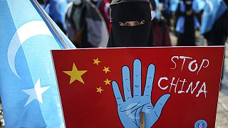 Çin'in Doğu Türkistan'da yaşayan Uygurlara yaptığı zulmü protesto eden bir gösterici.