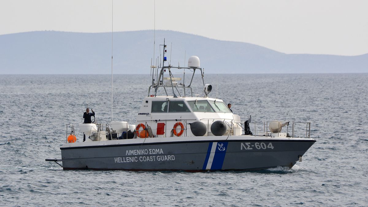 A Greek coast guard vessel arrives at the port of Pythagorio on the eastern island of Samos.