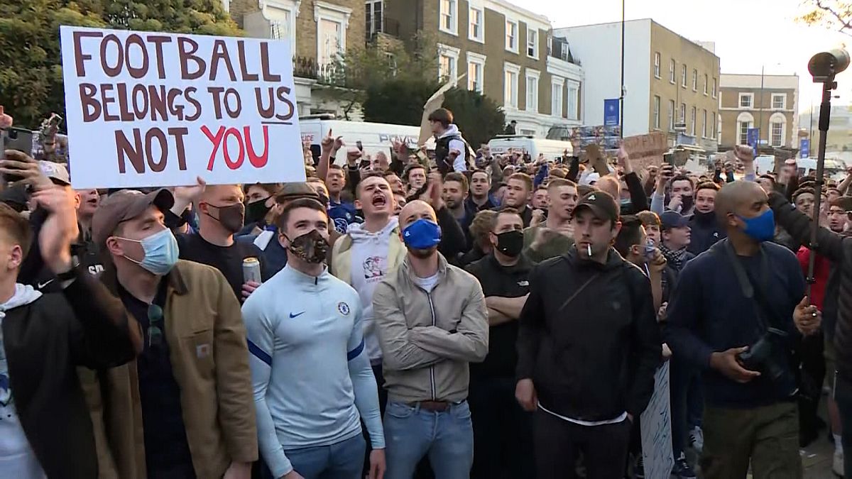 Chelsea fans gathering outside Stamford Bridge to protest against the proposed European Super League