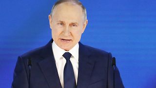 Russian President Vladimir Putin gives his annual state of the nation address in Manezh, Moscow, Russia, April 21, 2021.