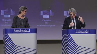 EU Commissioners Margarethe Vestager and Thierry Breton during a press conference.