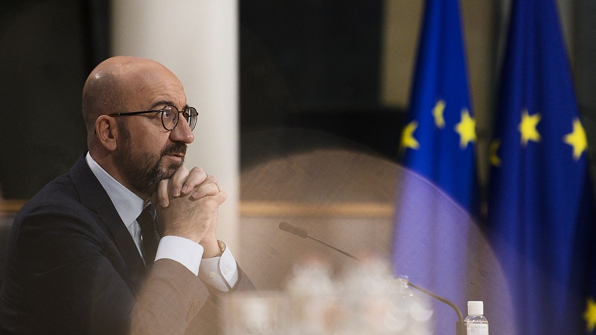 FILE: European Council President Charles Michel attends the leaders summit on climate via video conference, in Brussels on April 22, 2021.