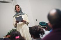 France's first female imam Kahina Bahloul leads a friday prayer in a rented venue of the 11th arrondissement of Paris on February 21, 2020. 