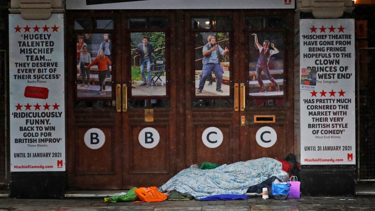 A rough sleeper rests at the entrance of theatre, closed due to the COVID-19 pandemic in London on Monday, February 8, 2021. 