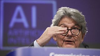 European Commissioner in charge of internal market Thierry Breton speaks during a media conference on an EU approach to artificial intelligence