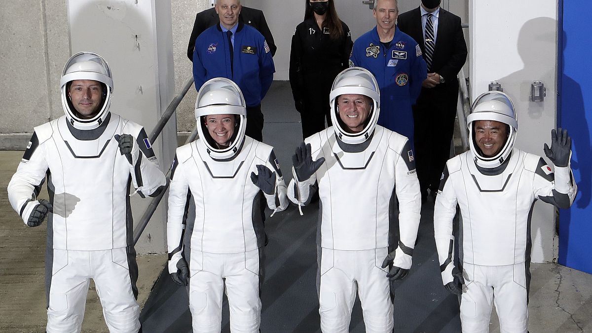 The Crew Dragon astronauts (from left) France's Thomas Pesquet, NASA's Megan McArthur and Shane Kimbrough, and Japan's Akihiko Hoshide