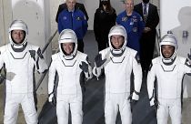 The Crew Dragon astronauts (from left) France's Thomas Pesquet, NASA's Megan McArthur and Shane Kimbrough, and Japan's Akihiko Hoshide