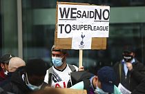 Tottenham fans stage a protest against the Board over the planned creation of a European Super League, outside the Tottenham Hotspur Stadium, Wednesday April 21, 2021. 