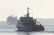 An Indonesian navy patrol ship sails to join the search for submarine KRI Nanggala that went missing while participating in a training exercise on Wednesday, off Banyuwangi.