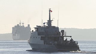 An Indonesian navy patrol ship sails to join the search for submarine KRI Nanggala that went missing while participating in a training exercise on Wednesday, off Banyuwangi.