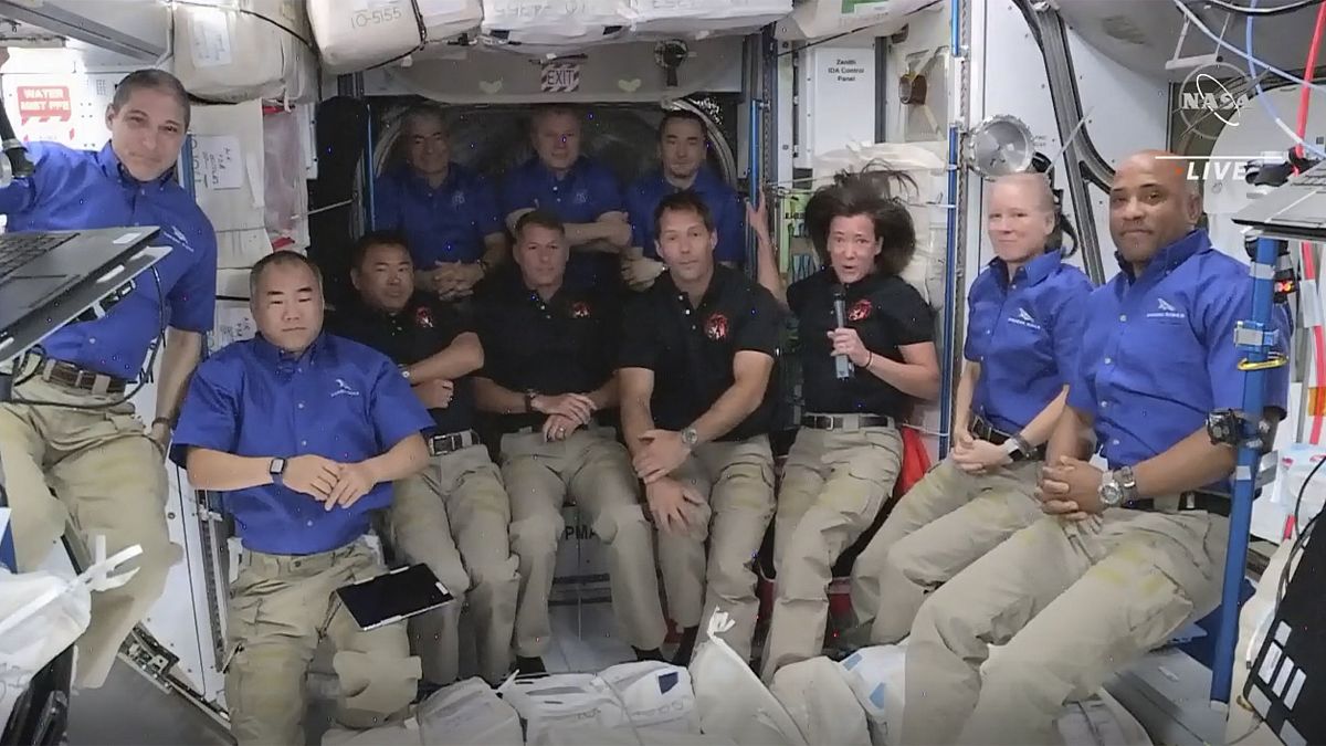 This image provided by NASA, astronauts from SpaceX join the astronauts of the International Space Station for an interview on Saturday, April 24, 2021.