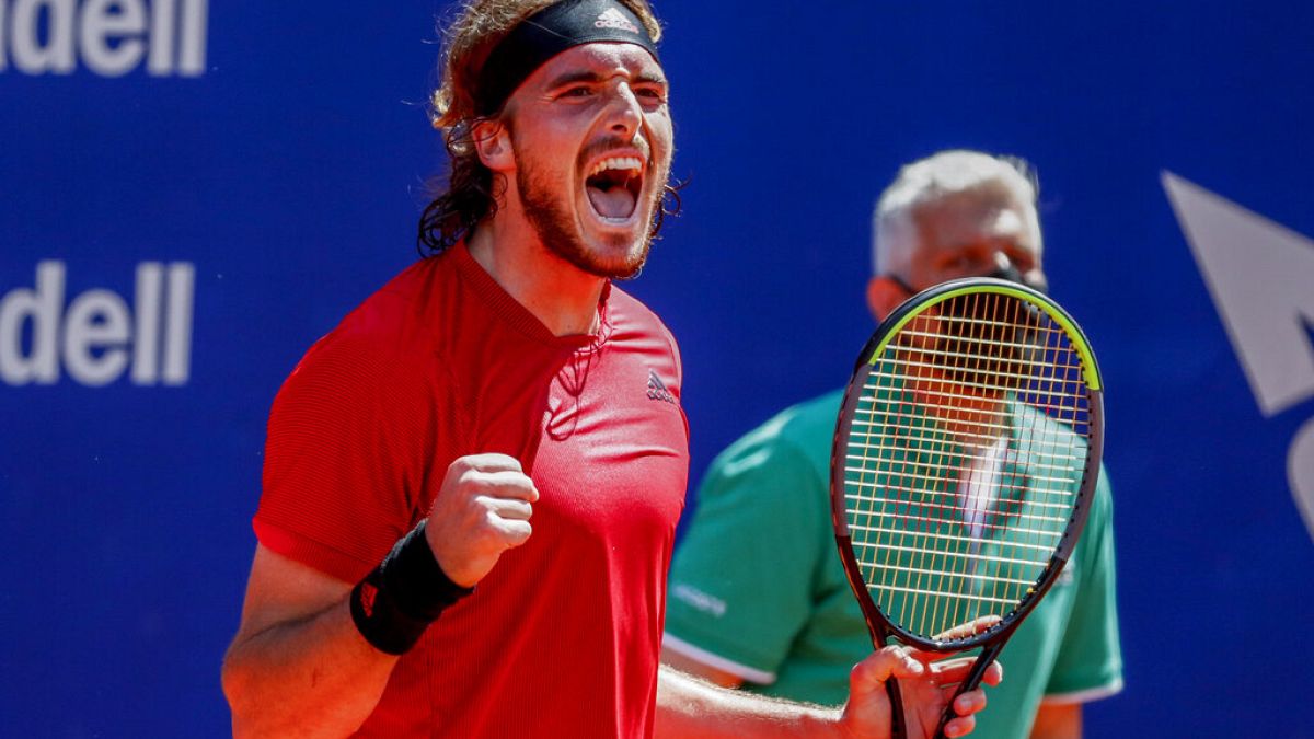 Stefanos Tsitsipas of Greece celebrates his victory over Jannik Sinner of Italy during a semi final Godo tennis tournament in Barcelona