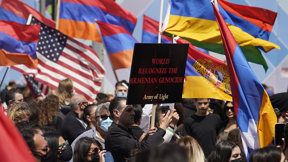 Armemian-Americans hold a rally in Beverly Hills, California, Saturday, April 24, 2021.