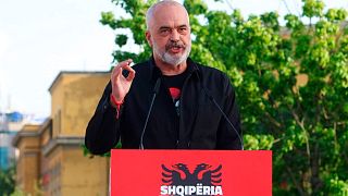 Albania's Prime Minister Edi Rama speaks to his supporters during a rally in Tirana, Albania, Tuesday, April 27, 2021