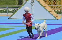 A man dressed in a national costume runs with his border guard shepherd dog Alabay during Dog Day celebration in Ashgabat, Turkmenistan, Sunday, April 25, 2021.
