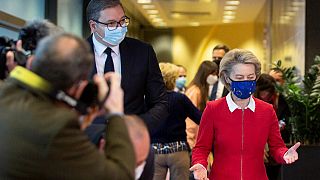 European Commission President Ursula von der Leyen (R) welcomes Serbian President Aleksandar Vucic prior to their meeting at EU headquarters in Brussels, on April 26, 2021.