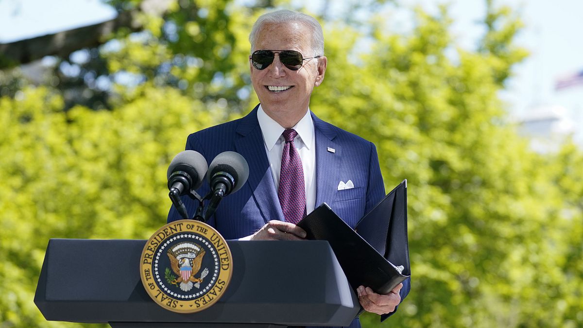 President Joe Biden responds to a question from reporters about COVID-19, on the North Lawn of the White House, April 27, 2021.