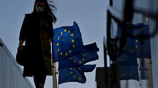 A woma wearing a protective facemask walks in front of the European Union's flag in the EU headquarters district, in Brussels, on February 23, 2021. 