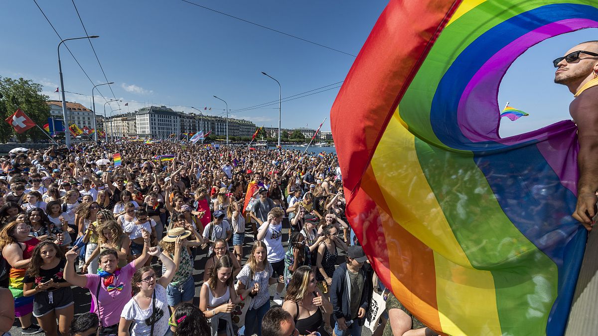 Swiss citizens participate in a pride march in Geneva in July 2019.