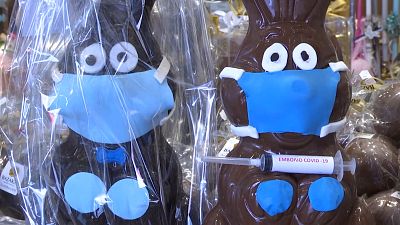 Masked chocolate bunnies in pastry shop in Athens