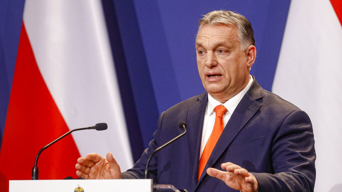 FILE - In this Thursday, April 1, 2021 file photo, Hungarian prime minister Viktor Orban speaks during a press conference in Budapest, Hungary.