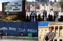 From top left, clockwise: Motorists pass a sign promoting a united Ireland; police control rioters in Belfast; former DUP leader Arlene Foster; anti-protocol graffiti.