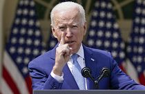 In this April 8, 2021, file photo President Joe Biden gestures as he speaks about gun violence prevention in the Rose Garden at the White House in Washington.