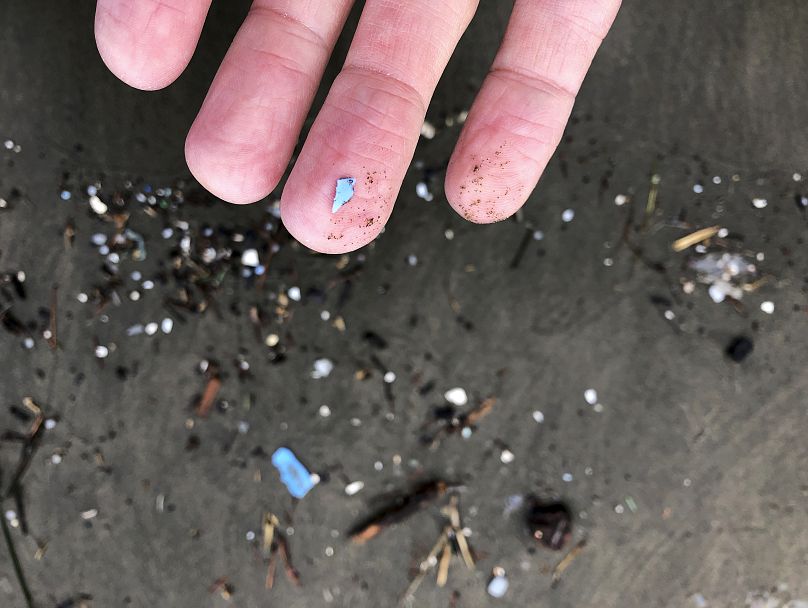 Débris de microplastiques échoués à Depoe Bay, dans l'Oregon, aux États-Unis, le 19 janvier 2020.