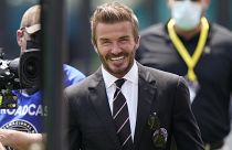 avid Beckham,  walks on the field as he greets fans before an MLS soccer match between Inter Miami, and LA Galaxy, Sun