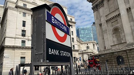 The underground station outside the Bank of England, with 'Underground' changed to 'Britcoin'