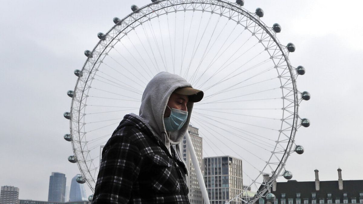 FILE: a man wearing a face covering walks past the London Eye in London, Jan. 8, 2021.