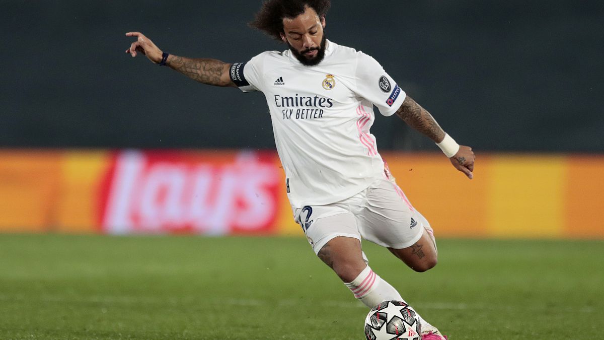 Real Madrid's Marcelo takes a shot during the UEFA Champions League semi-final first leg against Chelsea on Tuesday.