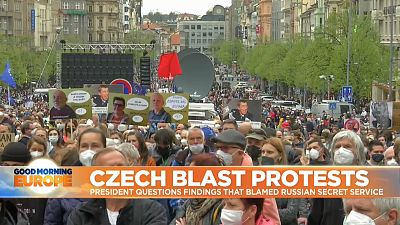 Protesters gathered in central Prague.