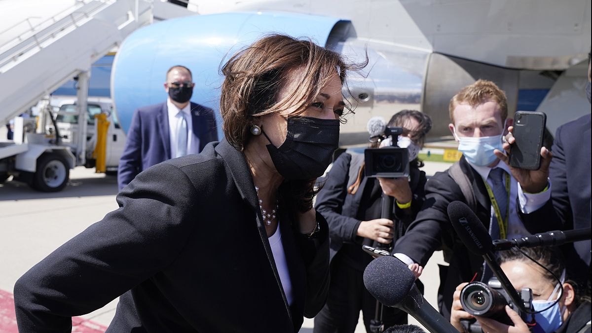 Vice President Kamala Harris speaks to the media on India, prior to boarding Air Force Two, Friday, April 30, 2021.