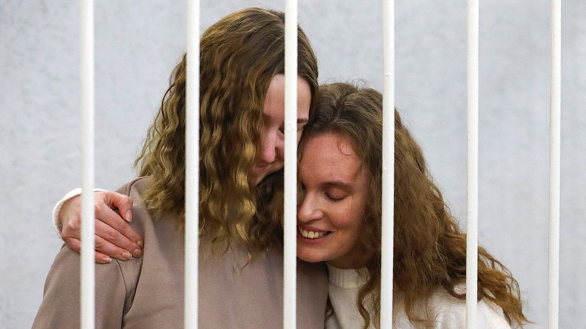 Journalists Ekaterina Bakhvalova, right, and Daria Chultsova, on trial in Belarus this year after covering a protest against Lukashenko