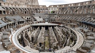 Visitors arrive for their tour of the ancient Colosseum, in Rome on April 26, 2021.