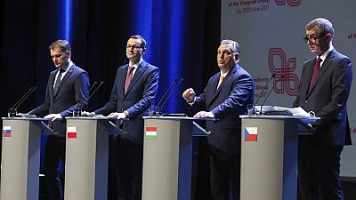 Viktor Orban ,second right, Prime Minister of Hungary attends a news conference following talks with his counterparts from central Europe's Visegrad Group