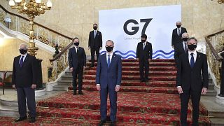 G7 foreign ministers on the stairs at Lancaster House in London ahead of bilateral talks at the G7 Foreign and Development Ministers meeting in London, Tuesday May 4, 2021.