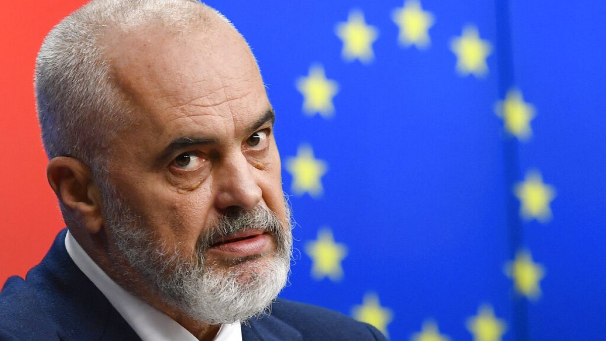 Albanian Prime Minister Edi Rama speaks during a media conference, after the EU-Albania Association Council, at the European Council building in Brussels